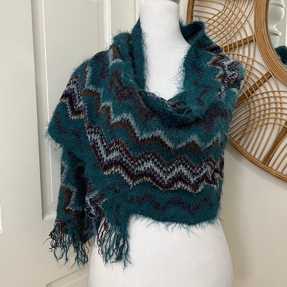 Missoni Sciarpe Teal Zigzag Pattern Long Fuzzy Sc… - image 3